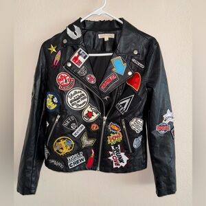 Black Faux Leather Hot & Delicious Jacket w/ Lots of Patches size Small